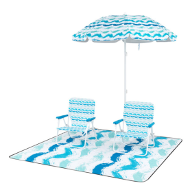 4-Piece Beach Set With 6.2ft Sun-Proof Umbrella, 2 Folding Chairs & 80 X 80 Waterproof Blanket-Blue