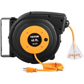 VEVOR Retractable Extension Reel, Heavy Duty 12AWG/3C SJTOW Power Cord 45 FT 12AWG, Black