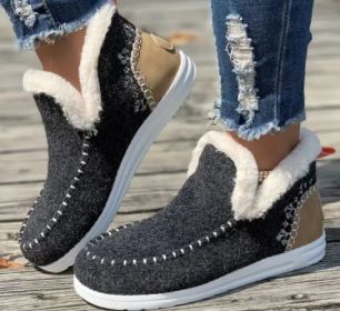 Fleece-lined Thick Plush Boots Warm Sewing Flat Cotton Shoes Winter Ankle Boot (Option: Dark Gray-37)