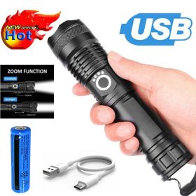 LED Flashlight Zoom USB Rechargeable Super Bright Torch Camping Lamp Work Light (Color: Black)
