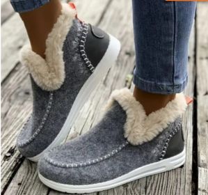 Fleece-lined Thick Plush Boots Warm Sewing Flat Cotton Shoes Winter Ankle Boot (Option: Light Gray-36)